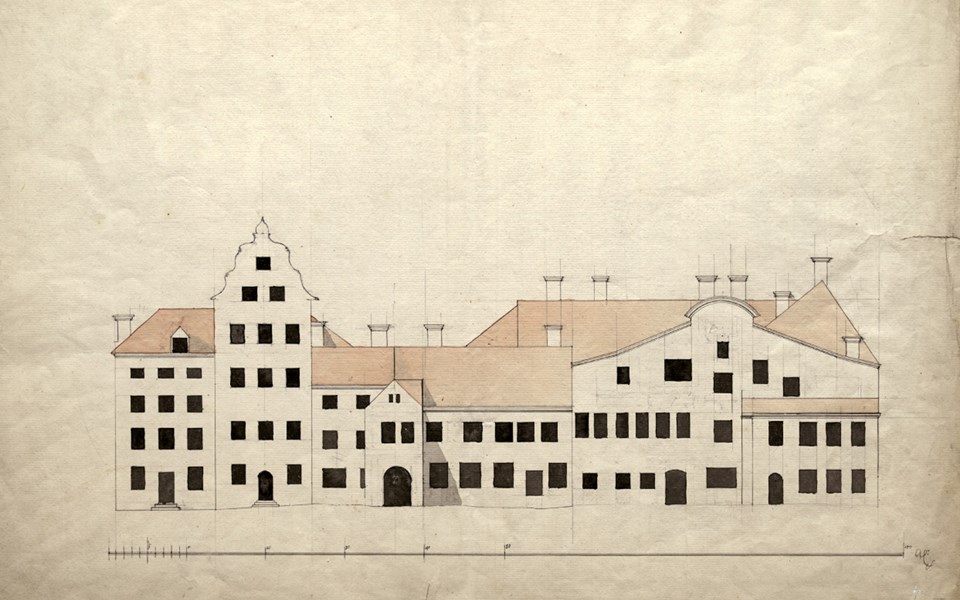 Ritning av Gamla rådhuset vid Stortorget, 1720-tal